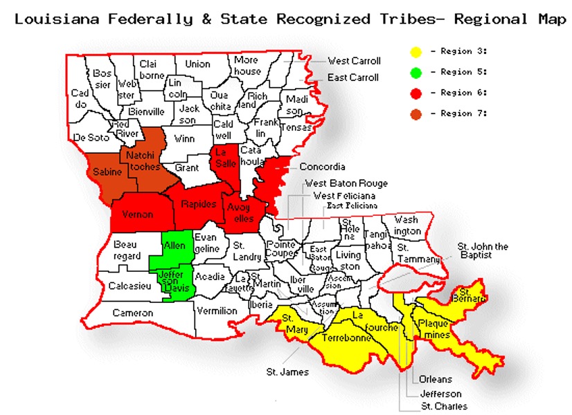 Map of Louisiana's federally and recognized tribes